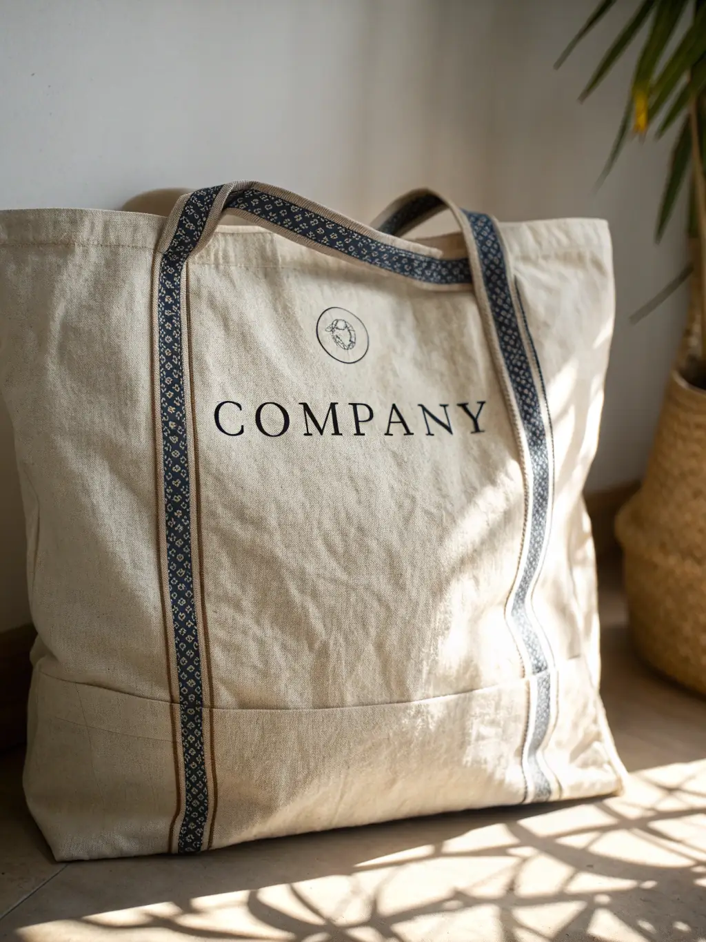 A custom-designed textile print featuring a company logo and branding elements, showcasing Glamorous JBL LLC's ability to create branded textile solutions.