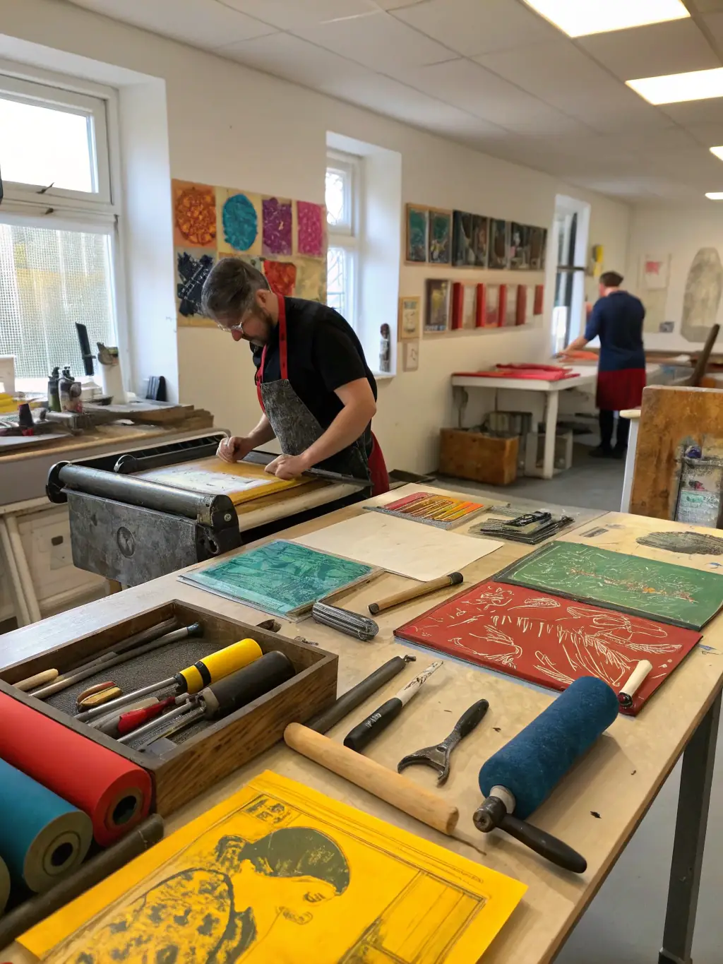 A photograph of a designer working on a textile print using traditional techniques, emphasizing the blend of artistry and craftsmanship at Glamorous JBL LLC.