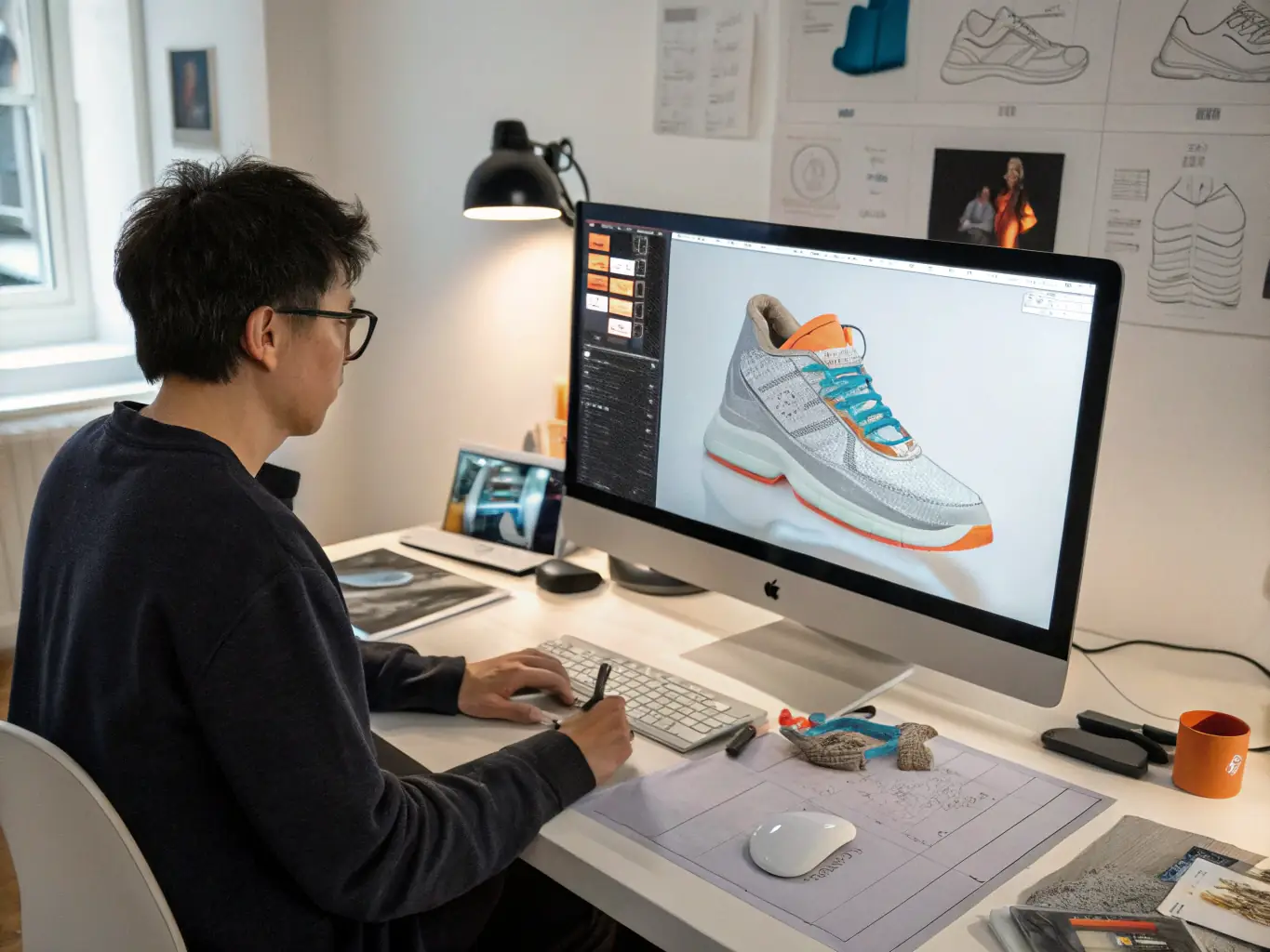 An image of a textile designer working on a digital design interface, creating intricate patterns and adjusting colors for a custom textile project, reflecting Glamorous JBL's expertise in digital textile design.